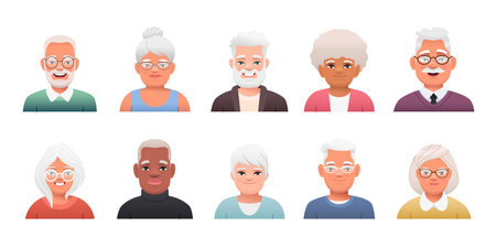 Set of various portraits of happy cute seniors. Facial expressions of beautiful old men and women. Vector illustration in cartoon style.のイラスト素材