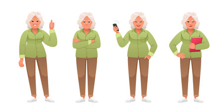 Grandmother stands dissatisfied with her arms crossed, with a book in her hand, with a smartphone in her hand, a gesture of approval. Elderly woman in full growth character set. An old white woman with gray hair stands in various poses.のイラスト素材