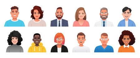 Set of portraits of various men and women. Facial expressions of handsome stylish young people. Vector illustration in cartoon style.のイラスト素材