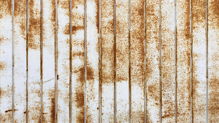 Old rusty galvanized corrugated white roofing sheet. Iron fence wall. The texture is made of corrugated iron steel.の写真素材