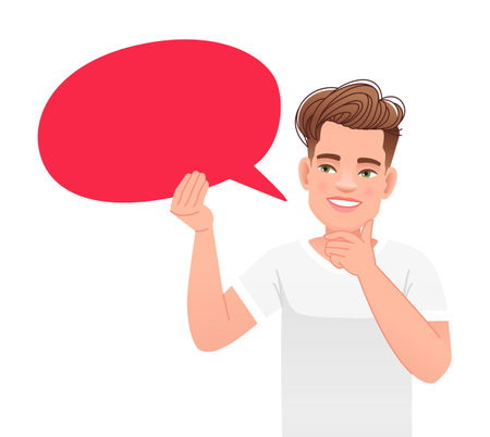 Cute white guy in a blue T-shirt holds an empty red oval speech bubble. The concept of personal opinion. Vector illustration on a white background.のイラスト素材