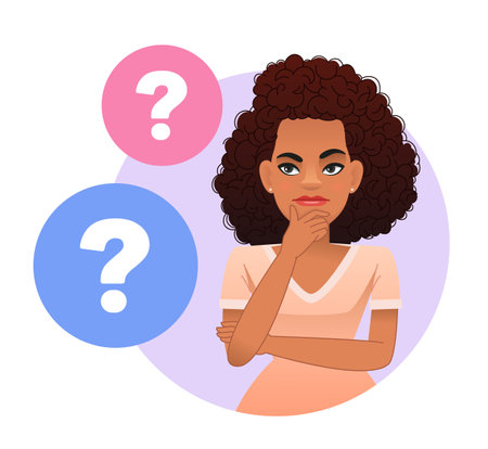 A black girl has a question. portrait of thoughtful. an African girl with curly hair. A woman surrounded by question bubbles. Smart, thinking women, solving problems. vector cartoon illustration.のイラスト素材