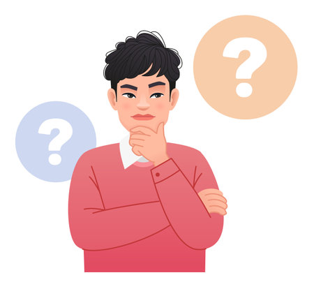 A young man surrounded by question bubbles. Smart, thinking guy, problem solver. An Asian man has a question. Portrait of a thoughtful Chinese. Vector cartoon illustration.のイラスト素材