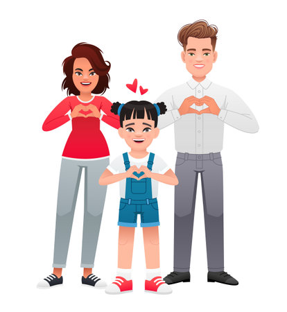 Mom, dad and daughter folded their palms in the shape of a heart. Friendly strong happy family with one child. Beautiful and smiling cell of society. Vector illustration in cartoon style on a white background.のイラスト素材