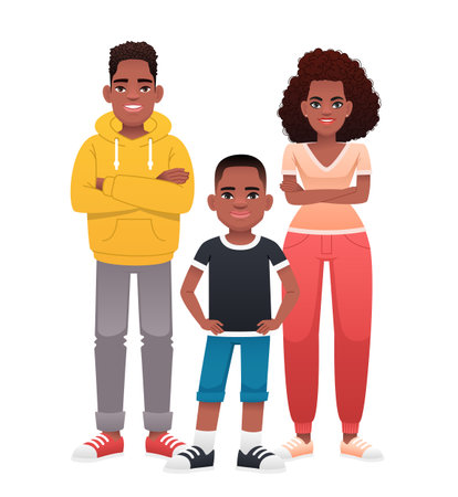 Black friendly strong happy African family with one child. Mom, Dad and son. Beautiful and smiling cell of society. Vector illustration in cartoon style on a white background.のイラスト素材