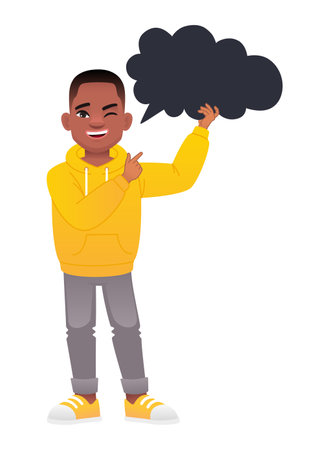 A black African boy holds a black empty cloudy speech bubble in one hand and points at it with the other hand. The concept of children's opinion. boyish questions. Vector illustration on a white background.のイラスト素材