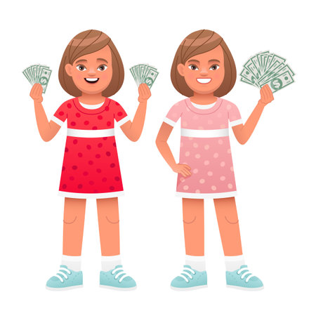 The girl holds dollar bills in her hand. A beautiful child with money in his hand. Happy little businesswoman. Vector cartoon illustration on a white background.のイラスト素材