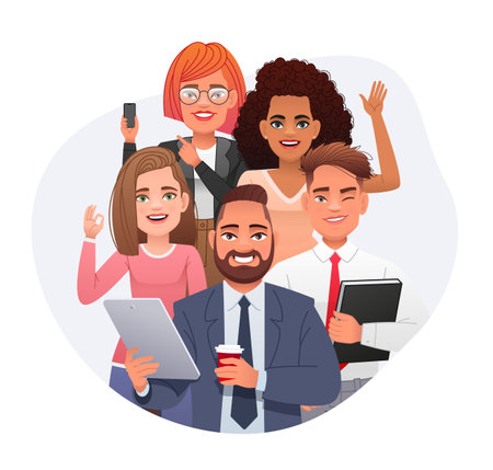 company employees, teamwork. A business team of successful happy people. A multicultural group of young professionals, developers, or a creative group. Vector illustration in cartoon style.のイラスト素材