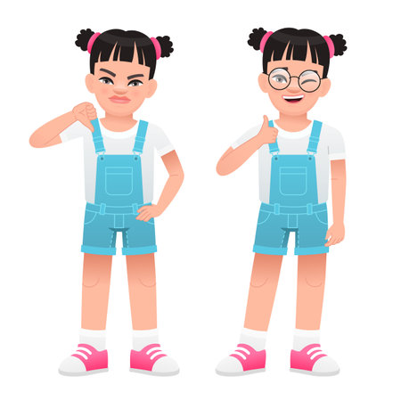 A beautiful little girl shows a gesture of approval and disapproval. Likes and dislikes. good and bad. Vector illustration in cartoon style on a white background.のイラスト素材