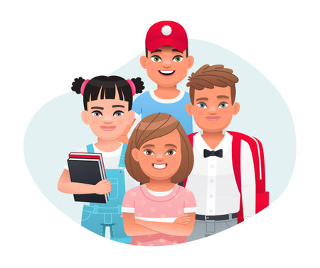 A group of schoolchildren, young professionals or a creative group. A team of successful happy children. teamwork. A boy with a backpack, a girl with books. Vector illustration in cartoon style.のイラスト素材