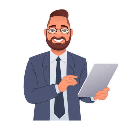 Smiling businessman with glasses holds a tablet computer in his hand. Internet surfing and working in a mobile application. Vector cartoon illustration on a white background.のイラスト素材