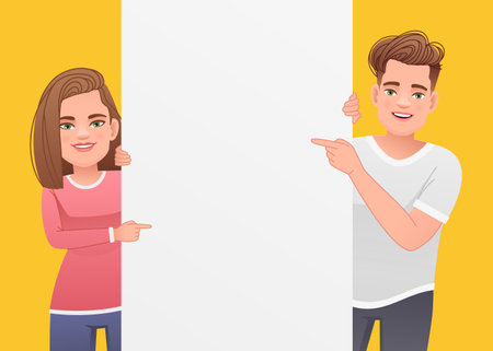 Beautiful young girl and a cute guy are holding an empty poster and pointing at it. A white poster for advertising. Vector illustration in cartoon style on a yellow background.のイラスト素材