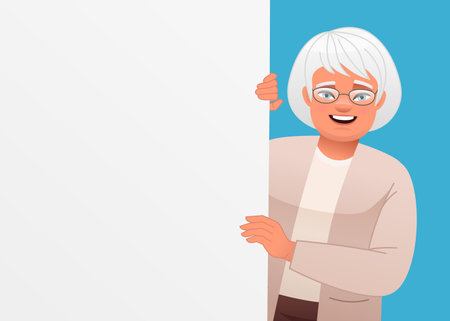 Happy elderly woman with glasses holds an empty poster. A white poster for advertising. Vector illustration in cartoon style on a blue background.のイラスト素材