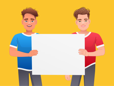 Two funny guys are holding an empty poster. A white poster for advertising. Vector illustration in cartoon style on a yellow background.のイラスト素材