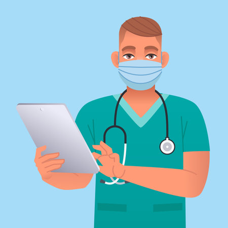 A young nurse in a protective mask, with a stethoscope, writes something into a tablet. A handsome white male doctor. Vector cartoon illustration.のイラスト素材