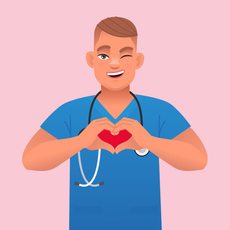 A smiling, happy nurse with a stethoscope shows a heart symbol with his hands. Cute white young male doctor. Vector cartoon illustration.のイラスト素材