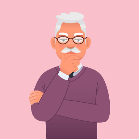 Old gray-haired man with a mustache and glasses was thinking about something. Elderly handsome grandfather. Portrait of a successful confident businessman. Vector cartoon illustration on a pink background.のイラスト素材