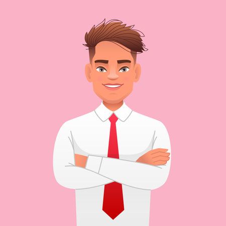 A handsome man in a shirt and tie stands with his arms crossed. Young happy businessman. Confident successful guy. Vector cartoon illustration.のイラスト素材