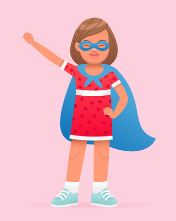 Little girl is a superhero. Beautiful white child in a red dress, a blue raincoat and a mask over her eyes. Vector cartoon illustration on a pink background.のイラスト素材