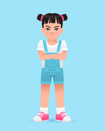 A disgruntled little girl stands with her arms crossed. A beautiful cute white baby in a blue summer jumpsuit. Vector cartoon illustration on a blue background.のイラスト素材
