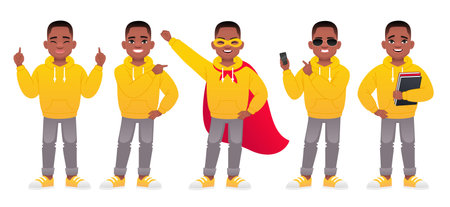 Cute African schoolboy in a yellow hoodie stands in various poses in full growth. Black little boy is pointing at something, standing in a superhero costume, with books in his hands, with a phone in his hand. Vector cartoon illustration isolated on white background.のイラスト素材