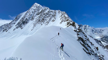 Three climbers are walking on a snow-covered mountain slope. Climbing Belukha. Altai Mountains. View...