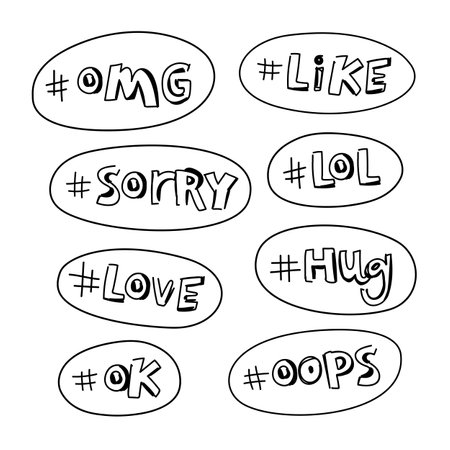 Set of words with the hashtag in the bubble. lettering. Vector illustration on white background. Youth slang.のイラスト素材