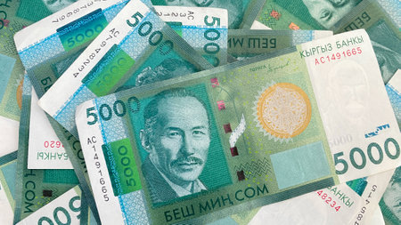 5000 SOM banknotes, current money of Kyrgyzstan. Background of the Kyrgyz national currency. Cash...