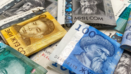 Cash banknotes of Kyrgyzstan. business and finance. Folded in half bills in 5000, 1000 and 200 som, the current money of Kyrgyzstan. Background of money from the Kyrgyz national currency.の写真素材