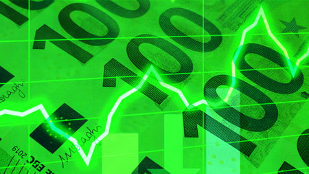 Green background of euro money. financial chart of profit indicators. The single currency of the European Union. 100 euros. cash banknotes. European currency. economics and finance. One hundred euros.の写真素材