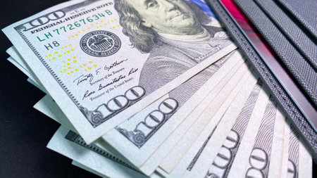 Several $100 bills are lying together with the cardholder and the credit card. Cash banknotes in US...