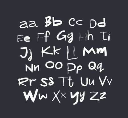White lowercase and uppercase letters on a black background. Fashionable modern funny children's playful font hand-drawn. Latin alphabet. Lettering. Vector alphabet.のイラスト素材
