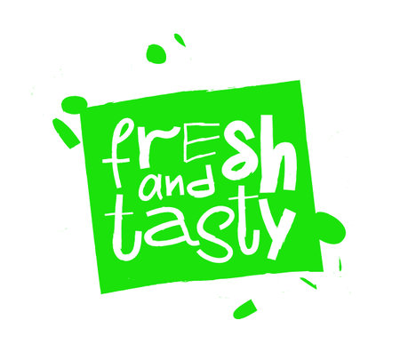 Cool sticker with the inscription - Fresh and tasty. Beautiful lettering. Fashionable handwritten font. Poster with a quote. Vector illustration on a white background.のイラスト素材