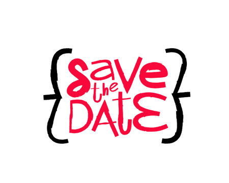 Cool sticker with the inscription - Save the date. Beautiful lettering. Fashionable handwritten font. A festive love card. Vector illustration on a white background.のイラスト素材