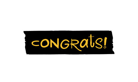 Cool sticker with the inscription - Congrats! Golden text on a black background. Lettering. Fashionable handwritten font. A greeting card. Vector illustration on a white background.のイラスト素材