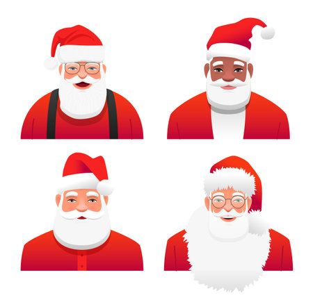 A set of portraits of Santa Claus. A cheerful white Santa Claus in glasses, a red hat, with a gray beard and mustache. Black Santa. Elements for design. Vector illustration on a white backgroundのイラスト素材