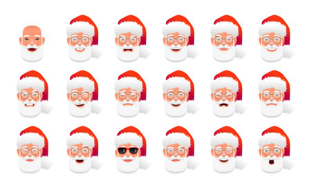 Portraits of fashionable bearded Santa Claus. A collection of faces of a cute old Santa in round glasses. The expression on Santa Claus' face. Smile, happiness, anger, surprise, fear, sadness, etc. Vector illustration.のイラスト素材