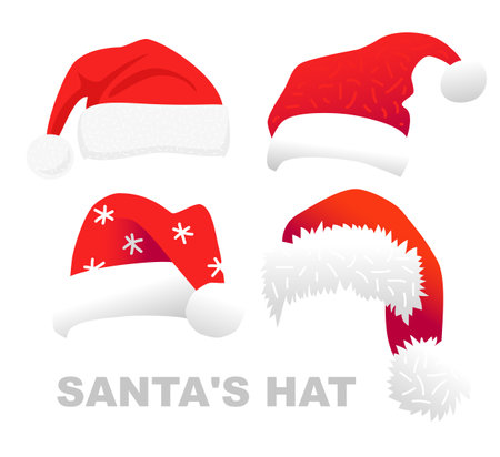 Set of four Santa Claus hats. Beautiful red Santa hats isolated on a white background. Christmas elements for the design of a Christmas card. Vector illustration.のイラスト素材