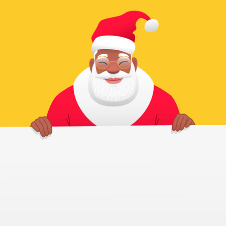 A black African old Santa Claus holds an empty white banner with his hands. A template, a place for your ad. Vector illustration on a yellow background.のイラスト素材