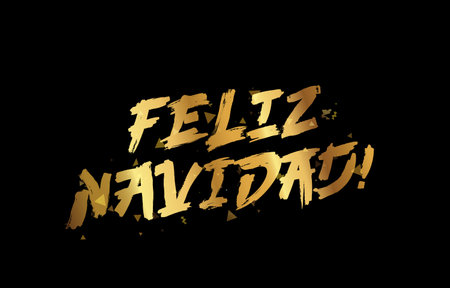 Feliz Navidad! Golden inscription Merry Christmas in Spanish. Lettering. Drawn with a brush by hand. Christmas greeting card. Vector illustration on a black background.のイラスト素材