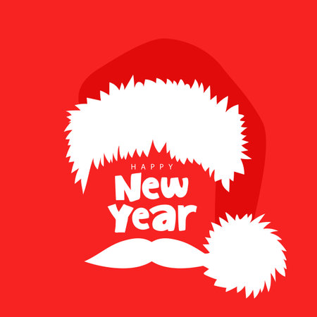 Happy new year. The inscription on the place of Santa's face. Santa Claus hat and mustache. Elements for the design of the Santa Claus character. New Year greeting card. Vector illustration on a red background.のイラスト素材