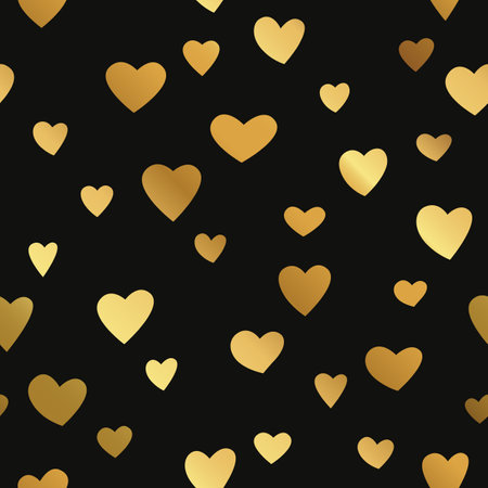 Stylish seamless heart pattern. Elegant background of golden shining hearts on a black background. Happy Valentine's Day. Vector illustration.のイラスト素材