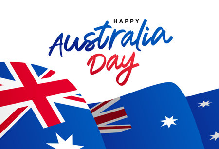 Flag of Australia fluttering in the wind. Beautiful lettering - Happy Australia Day. Elements for the design of a greeting card for the day of the first landing. Vector illustration on a white background.のイラスト素材