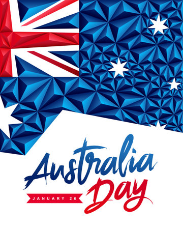 Polygonal flag of Australia. Australia Day. January 26. Festive greeting banner for the day of the first landing. Vector illustration on a white background.のイラスト素材