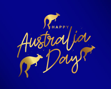 Three jumping kangaroos. Golden Calligraphy - Happy Australia Day. Poster for the day of the first landing. National Day. Vector illustration on a blue background.のイラスト素材