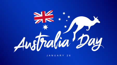 Silhouette of a jumping kangaroo. Australia Day. January 26. Flag of Australia. Banner for the day of the first landing. National Day. Vector illustration on a blue background.のイラスト素材