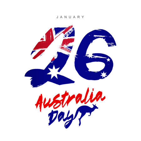 Flag of Australia in the big number 26. Lettering is Australia Day. Silhouette of a kangaroo. Invitation to the day of the first landing. January 26. National Day. Vector illustration on a blue background.のイラスト素材