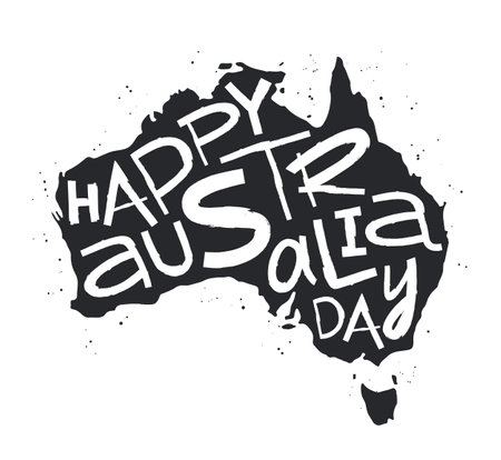 Stylish cool lettering - Happy Australia Day. Silhouette of the Australian mainland. Postcard for the day of the first landing. National Day. Vector illustration on a white background.のイラスト素材