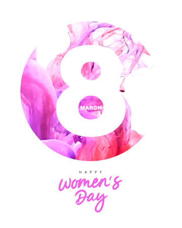 Stylish postcard for International Women's Day - March 8th. Purple, pink and red watercolor ink as a symbol of a blooming peony bud. Beautiful lettering. Illustration on a white background.の写真素材
