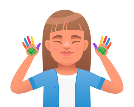 Pretty girl with the genetic disease Down Syndrome got her hands dirty in multicolored paint. Drawing lessons. Smiling expression on the face of a sunny child. Vector illustration in cartoon style.のイラスト素材
